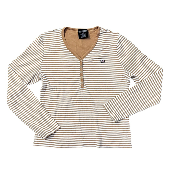 Vintage Ralph Lauren V Neck White Gold Stripe Shirt Size Large Classic Preppy - Picture 1 of 5